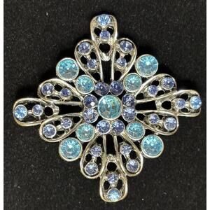Vintage Art Deco Style Silver Tone Rhinestone Shades Of Blue  Brooch Pin